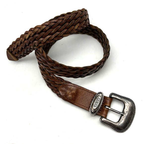 Vintage 80s 90s Guess Brown Genuine Woven Leather Western Belt Size M Up to 32\